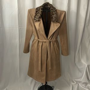 Beige animal print collar soft suede-like pant coat